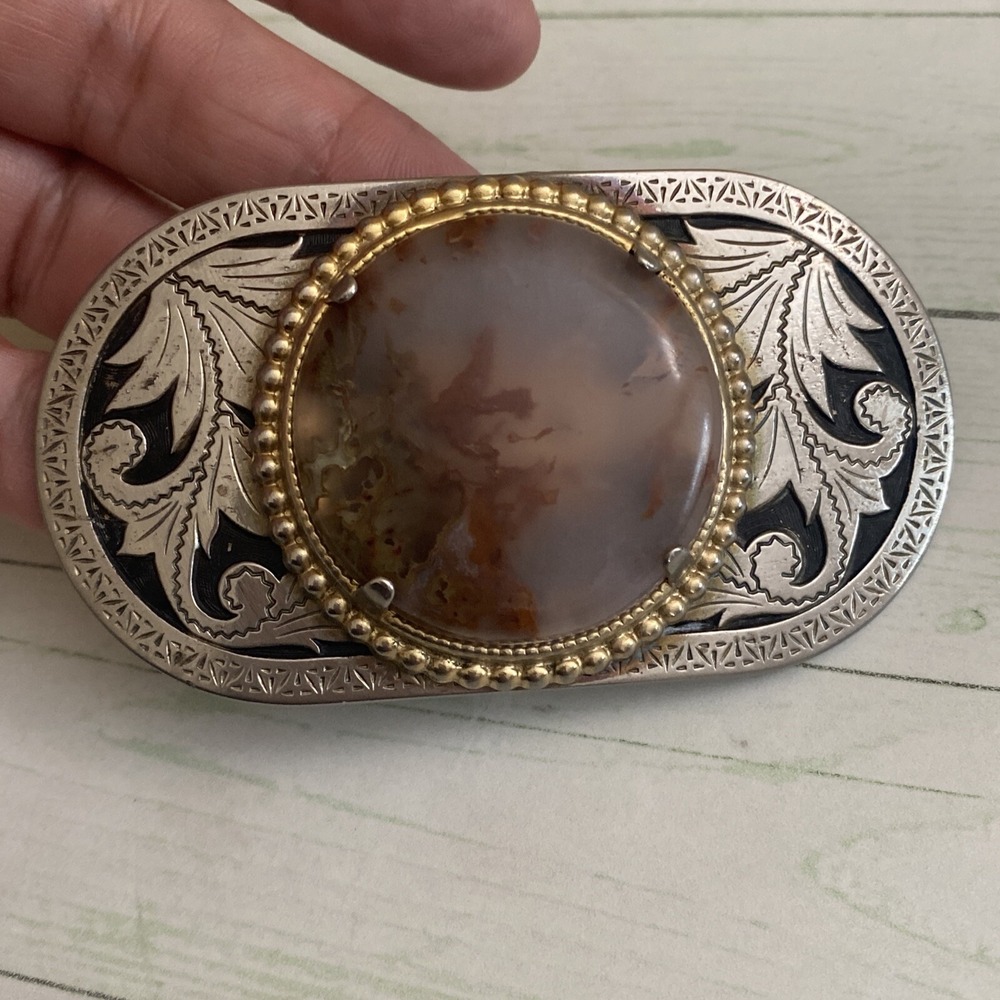 Silver Tone Vintage Belt Buckle With Polished Stone Purple With Floral Design